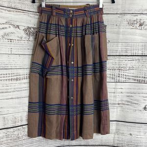 Escada Brown Plaid Midi Skirt with Blue and Purple Stripes